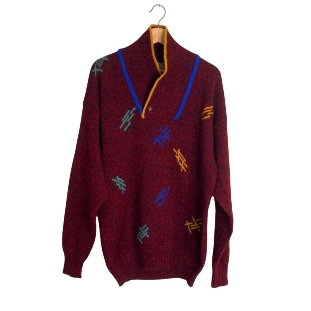 Field Brothers Men's Vintage Abstract Wool Shawl‎ Neck Sweater Red Large
